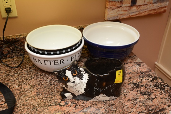 Large Mixing Bowls & Cat Planter