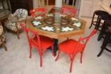 Octagon Table & 4 Red Chairs