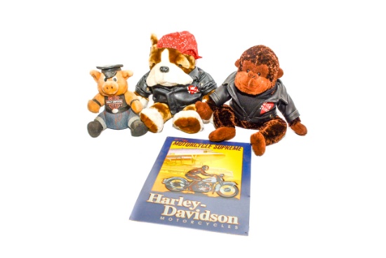 Metal Harley Davidson Sign & (3) Stuffed Animals