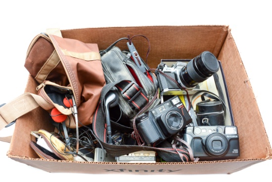 Box of Cameras; Camcorder; Cassette Player; Nikon Tele Touch Camera; Pentax K