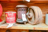 Vintage Swift Jewel Shortening Tin; Electric Heater; Wood Pulley