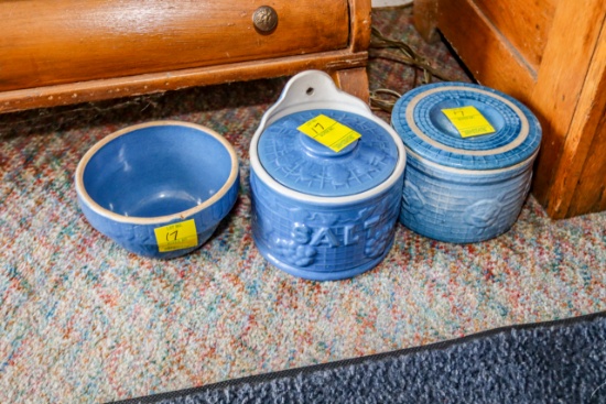 (2) Salt Crocks, blue; Blue Crock Mixing Bowl
