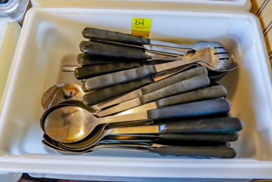 Tote of Lg Qty of Serving Spoons, solid and slotted