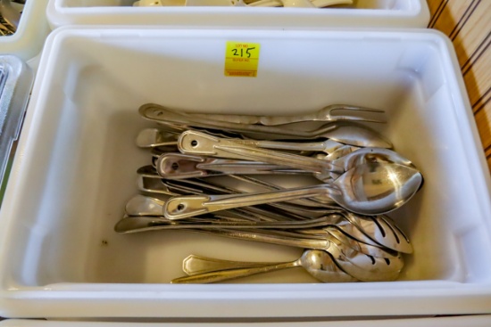 Tote of Lg Qty of Serving Spoons, solid and slotted