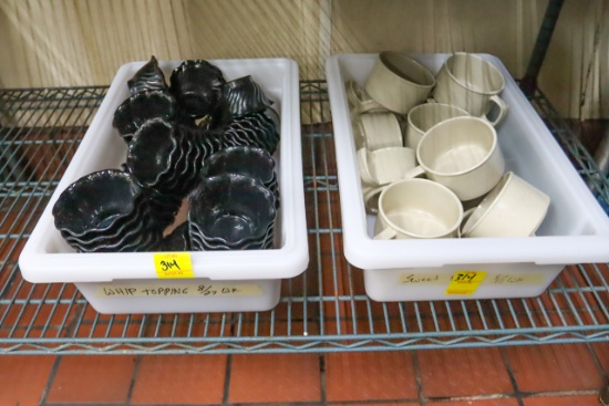 Tote of Black Ice Cream Bowls; Tote of Soup Mugs