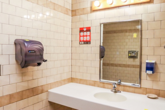 Men's Restroom Mirror, Soap Dispenser, Paper Towel Dispenser