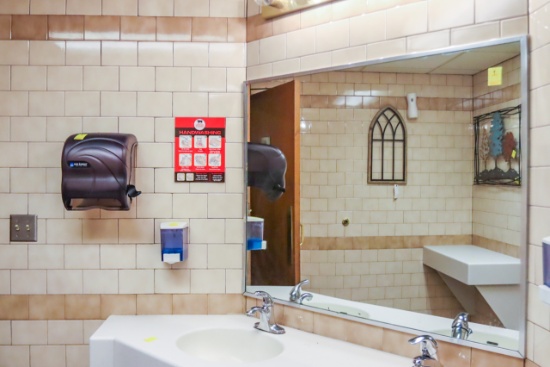 Women's Restroom Mirror, Soap Dispenser, Paper Towel Dispenser