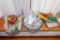 Large assortment of serving trays candles and décor