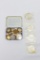 Box with assorted foreign coins and paper money (England, France, Austrailia, Mexico, Others)