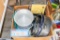 Large box with roasting pans and kitchen items / MCM toaster