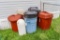 Very large assortment of yard and garden / shop trash cans and smaller trash cans