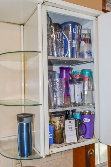 Contents of Cabinet Travel Mugs Coke Pepsi Colts