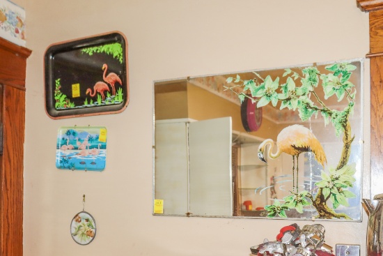 Flamingo mirror 2 trays and stained glass with hummingbirds