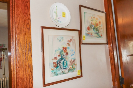 2 Flamingo plates and 2 water color pictures