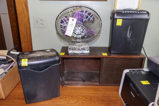 Painted fan / small wood cabinet / 2 paper shredders