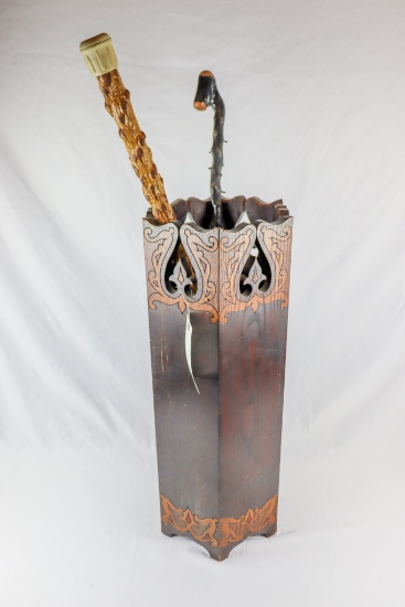 Wooden Beautifully carved Umbrella / Cane Stand with 2 wooden canes