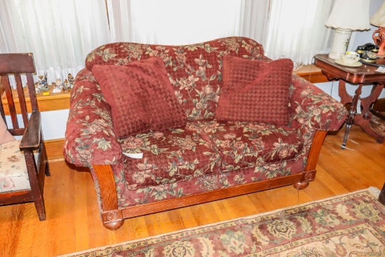Burgundy and Floral Love Seat with Pillows