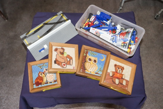 Nascar Legos and 4 needlepoint pictures