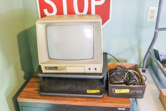 Zenith Data Systems Monitor and Computer Monirot Stand and Flat of cords, misc