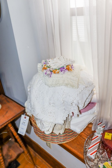 Large Basket with Doileys and Table Coverings