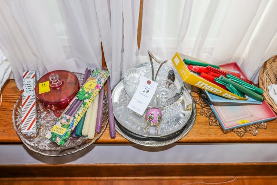 Large assortment of serving trays candles and décor