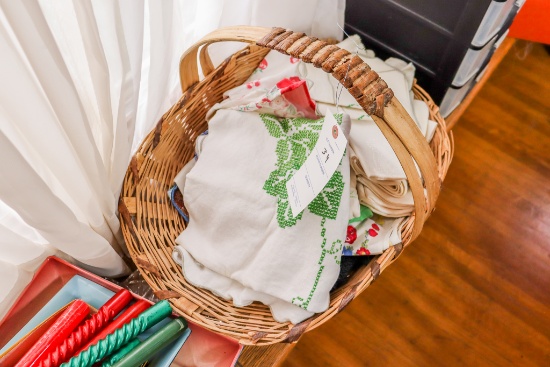 Larage basket of vintage linens