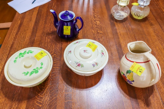Crock and porcelain bowls, teapot and pitcher
