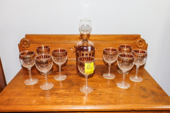 Glass decanter with 9 brandy glasses