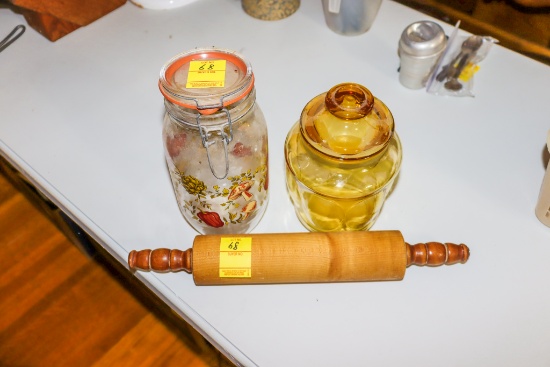 2 vintage canisters and rolling pin