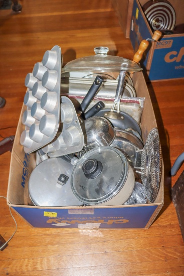 Large box of pots pans lids baking items