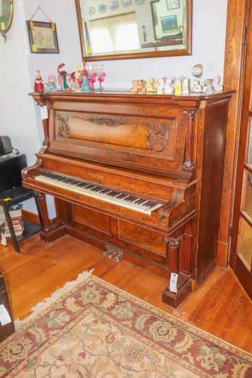 Bush & Gerts Chicago Burled Walnut Upright Piano (on first floor / 4 steps to sidewalk