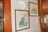 2 Flamingo plates and 2 water color pictures
