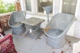4 Pieces of Wicker Furniture, 2 Chairs, Side Table, Flower Basket