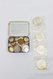 Box with assorted foreign coins and paper money (England, France, Austrailia, Mexico, Others)