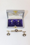 Silver tie clip, cuff links, pin