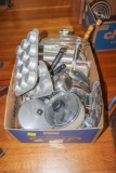 Large box of pots pans lids baking items
