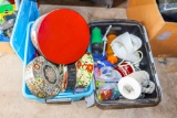 Tote with Tins and household items in another tote