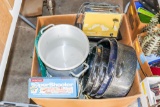 Large box with roasting pans and kitchen items / MCM toaster