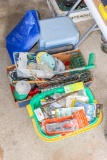 Step stool, tarp, trash can and 2 boxes of fasteners and shop items