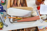 Primitive lot of enamelware pan, cutting board, rolling pin and more