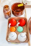 Hall and other Salt and Pepper Shakers crock and glass jar with crack