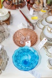 Blue Indiana Glass dish, white covered dish, pink bowl, candle holders and glass bucket