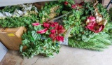2 boxes and stands with artifical Christmas trees, wreaths and décor