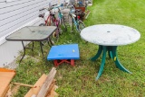 Glass patio table, plastic patio table and childs play table