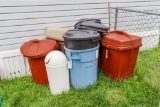 Very large assortment of yard and garden / shop trash cans and smaller trash cans