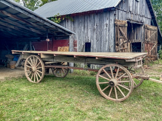 Primitive Style 16' Wooden Flatbed Wagon with Original Wood Spoke Wheels and Hubs and…
