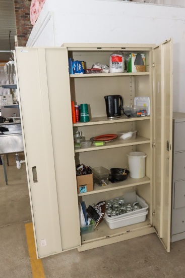 Metal Cabinet and Contents - Break Room Supplies, Misc Décor, Jars, Kitchenware
