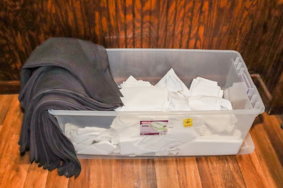 Tote of White Napkins, Tablecloths, and Black Napkins
