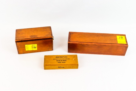 Walnut Sewing Box; Bering Cigar Box; Walnut Primitive Pencil Box