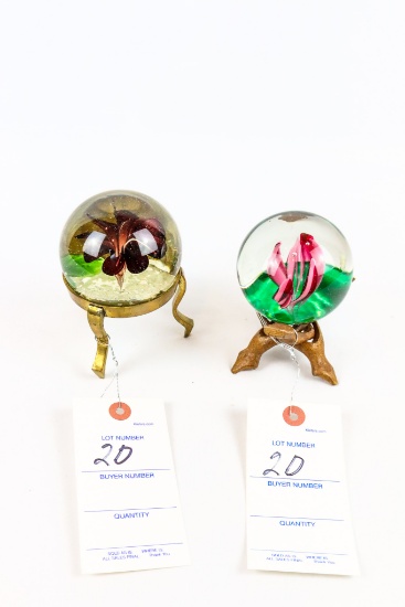 (2) Floral Paperweights: One On Wood Base & Signed Elwood, One On Brass Base